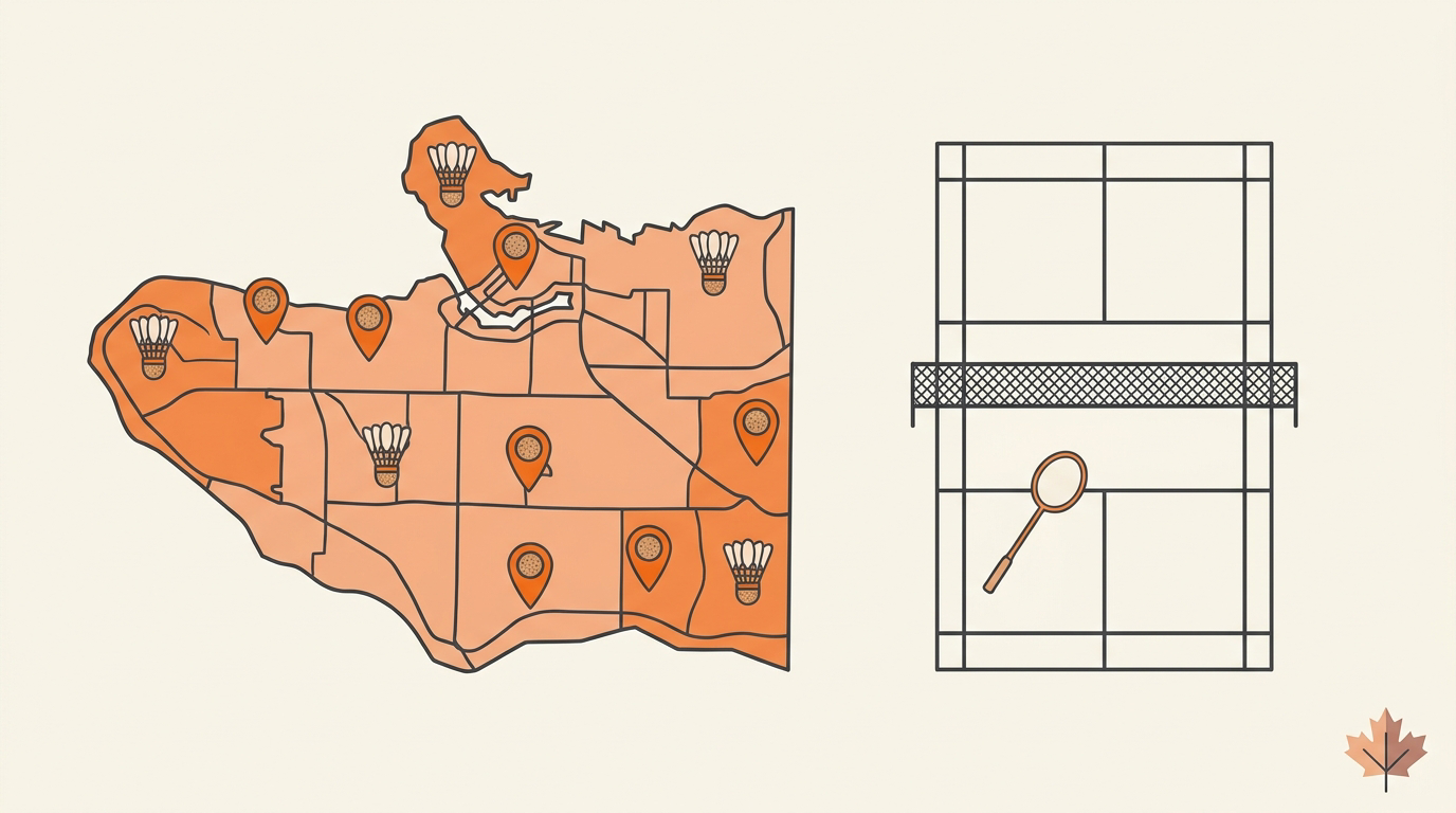 Flat-vector illustration of indoor badminton play in Markham and Scarborough, in Badminton House's cream and orange editorial style