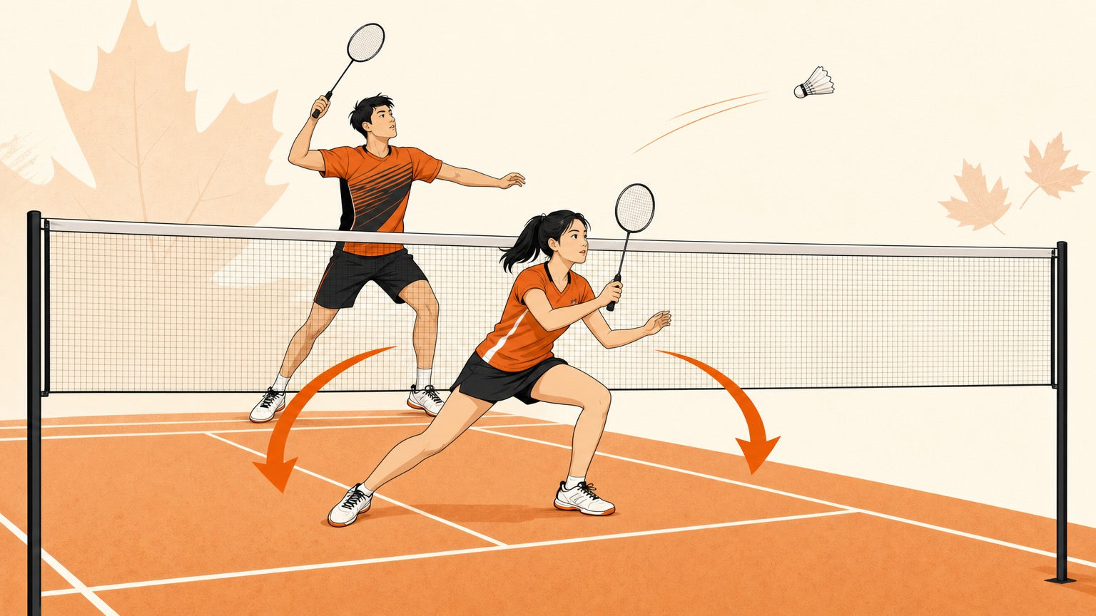 Illustration of a mixed doubles badminton pair using front-and-back positioning with rotation paths on court