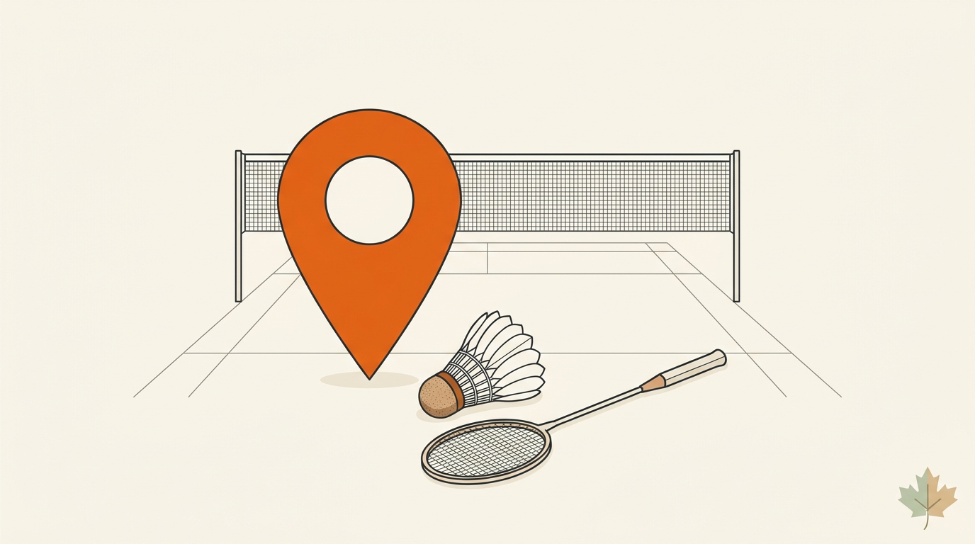 Flat-vector illustration of indoor badminton play in Moncton, in Badminton House's cream and orange editorial style