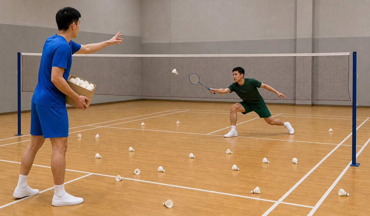 Une personne entraîneuse près d’une boîte de volants alimente une personne qui fait une fente sur un terrain de badminton intérieur parsemé de volants.