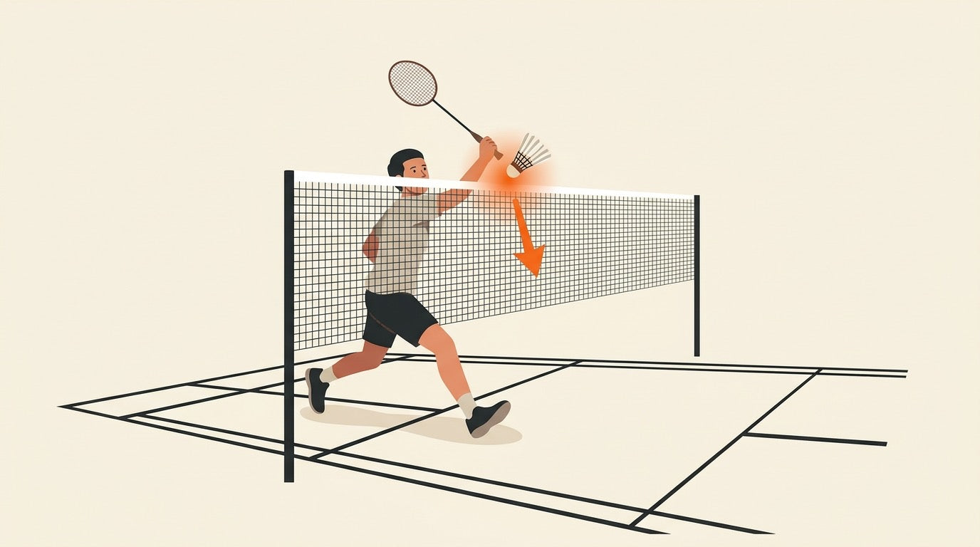 Illustration of a badminton player lunging at the net to play a compact downward net kill