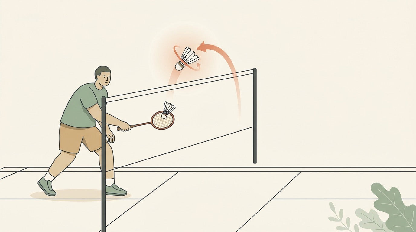 Illustrated badminton player brushing a tumbling net shot over the tape on a warm Canadian indoor court