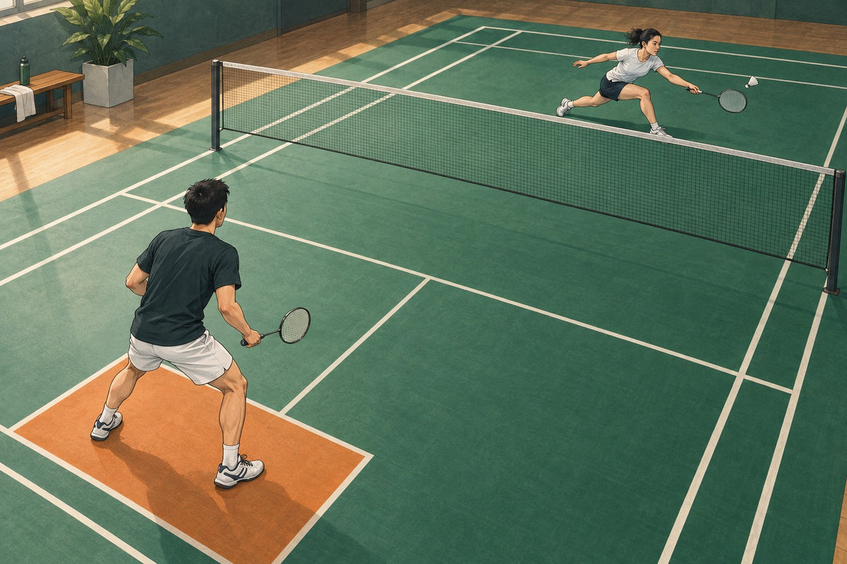 Editorial illustration of a one-corner badminton practice with one player in a marked rear corner and a moving partner opposite.