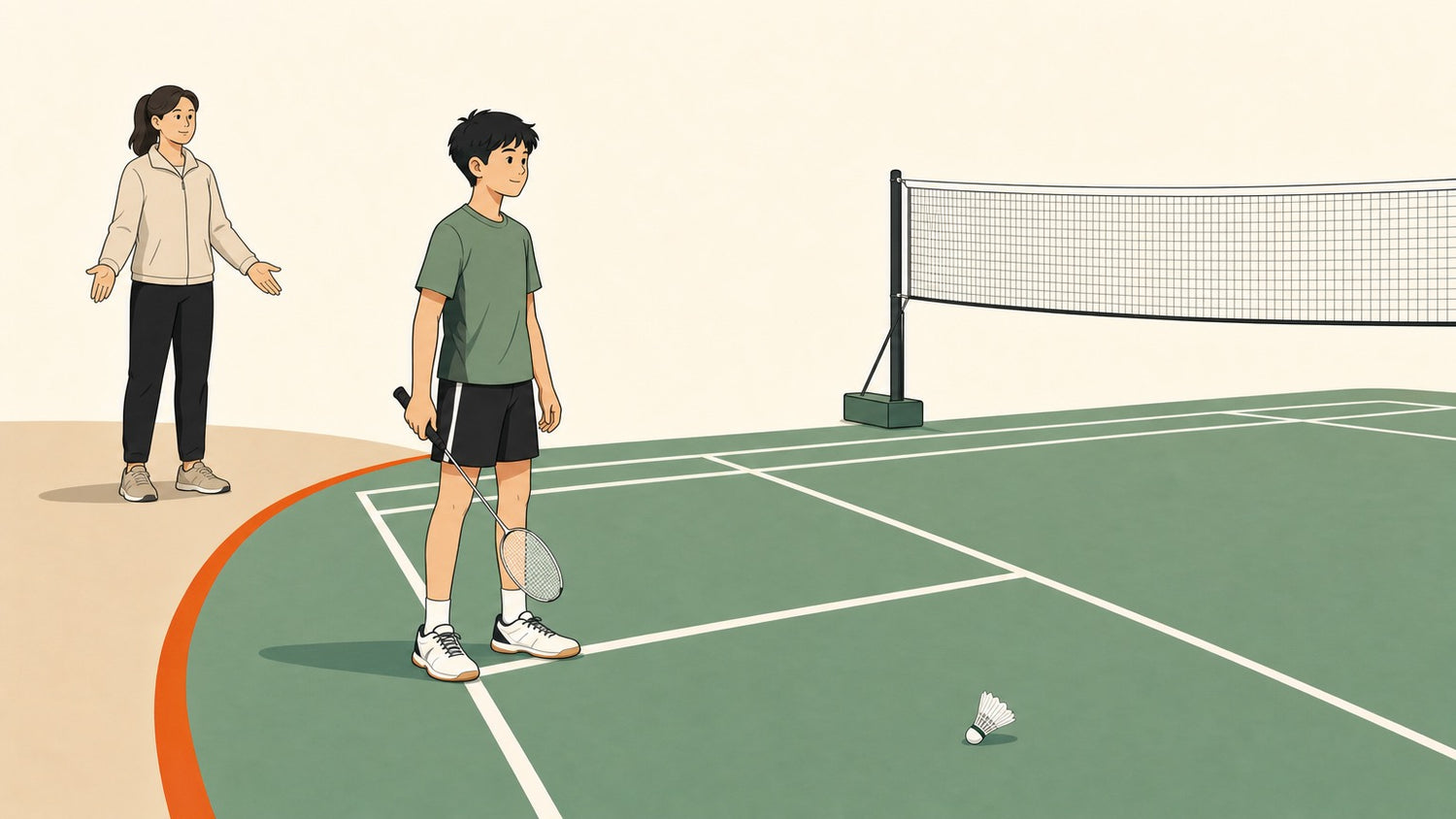 Parent standing back at the sideline while a junior badminton player holds a racket on court