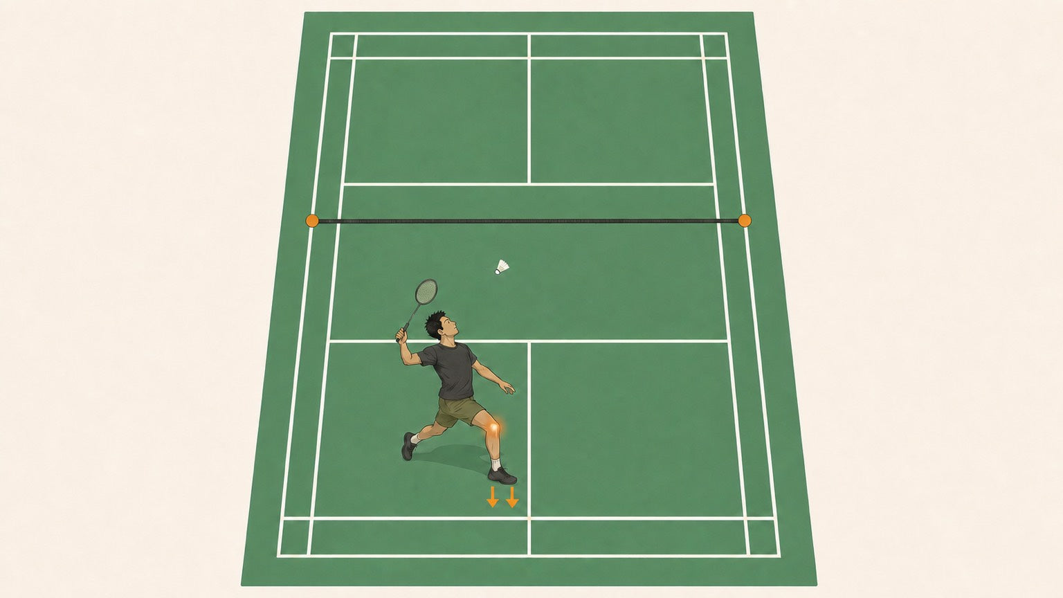 Badminton player landing from a jump smash with the front knee highlighted to show patellar tendon load