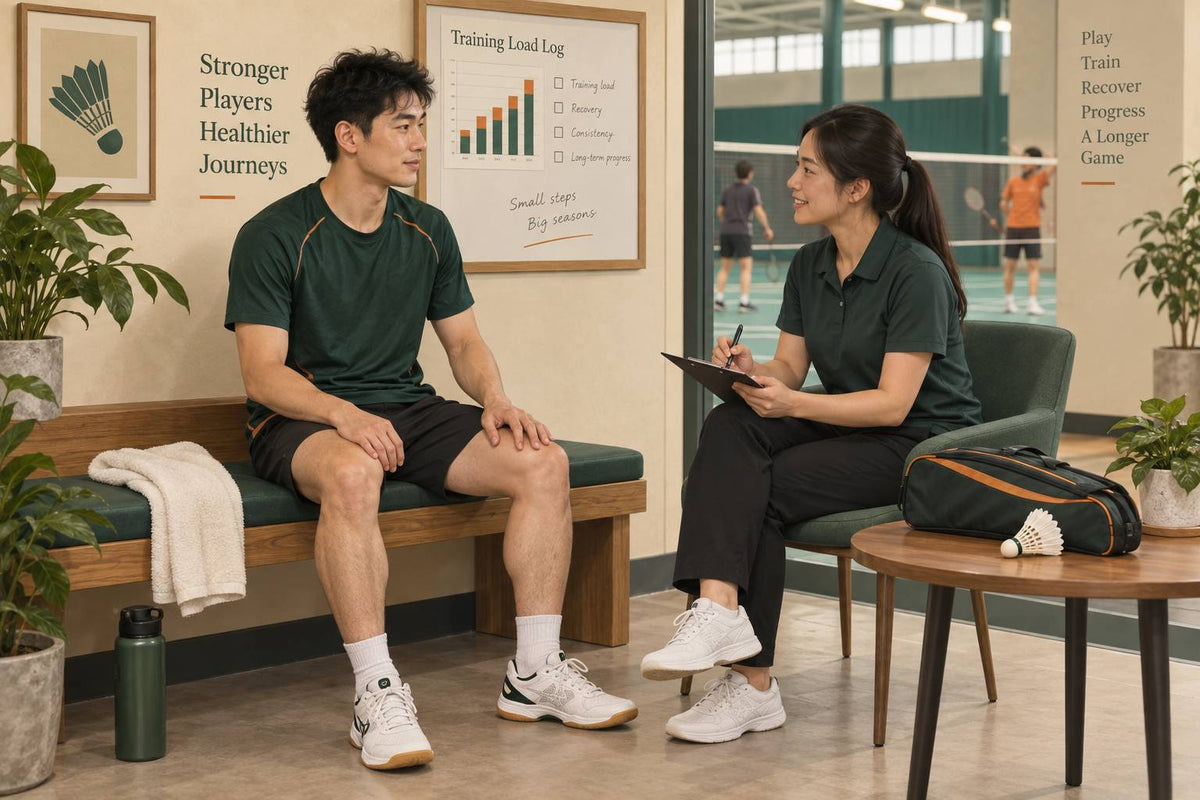 A player discusses knee symptoms and training load before deciding how to adjust badminton practice.