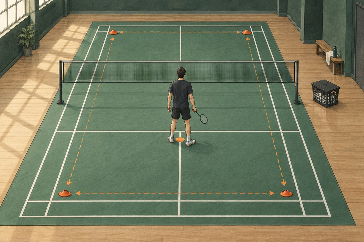 A marked practice court gives a player clear feed destinations and a recovery base