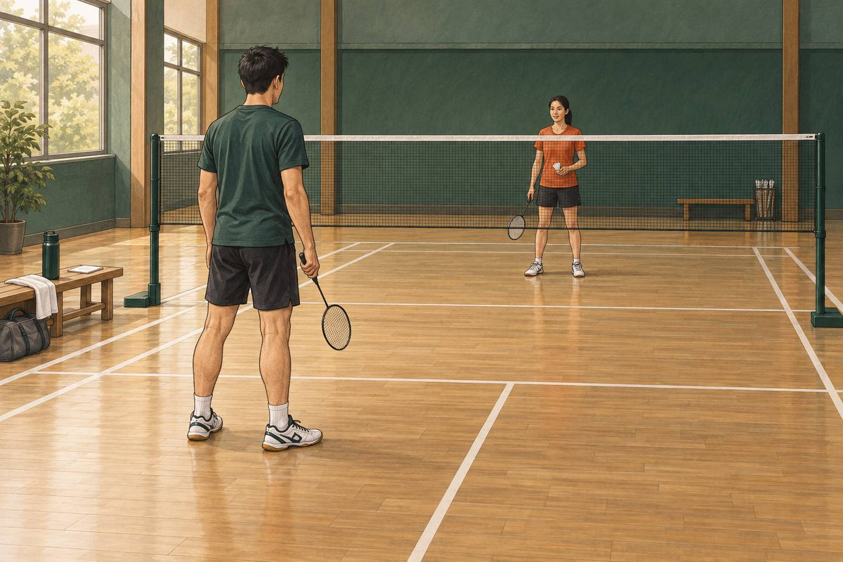 Editorial illustration of two badminton partners on opposite net sides preparing a cooperative pattern drill.