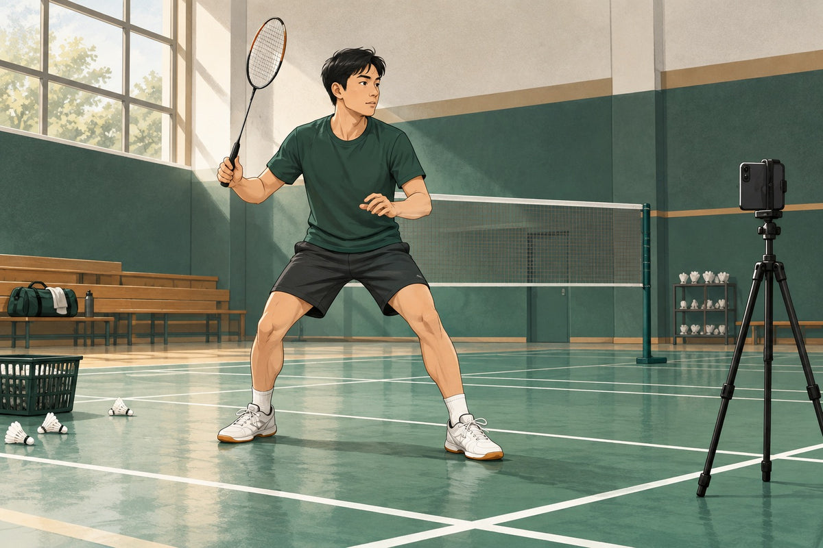 A player uses a normal racket to check one movement cue instead of chasing a daily swing total.