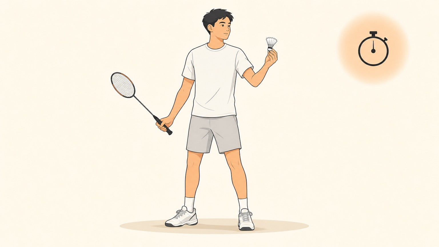 Badminton player calmly preparing to serve while a stopwatch suggests match pressure