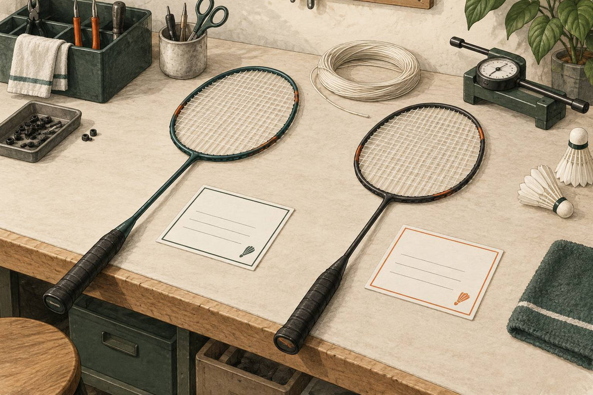Editorial rackets, string coil and blank setup records on a stringing bench.