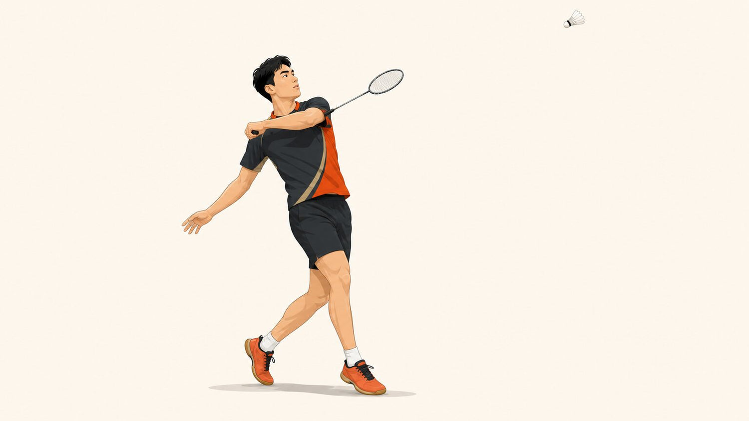 Badminton player balanced after a high punch clear with the racket finishing compactly across the upper torso