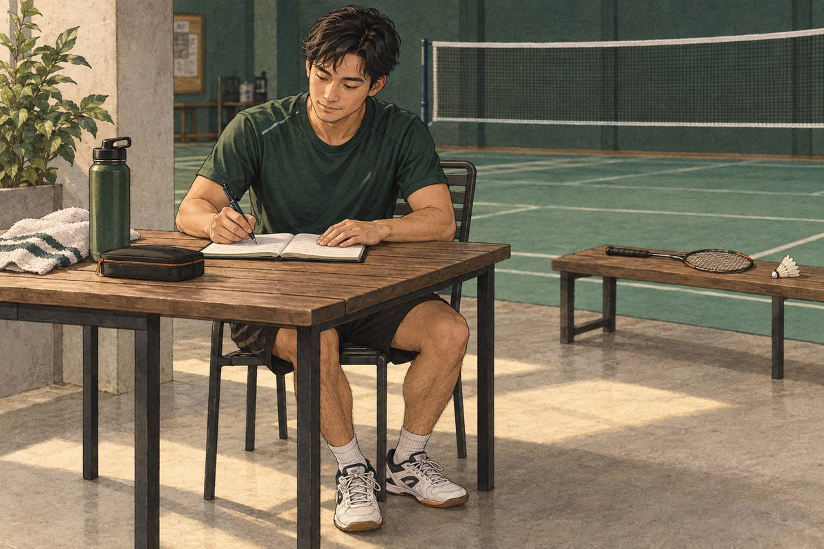 Editorial illustration of a seated badminton player writing in a session log with the racket set aside.
