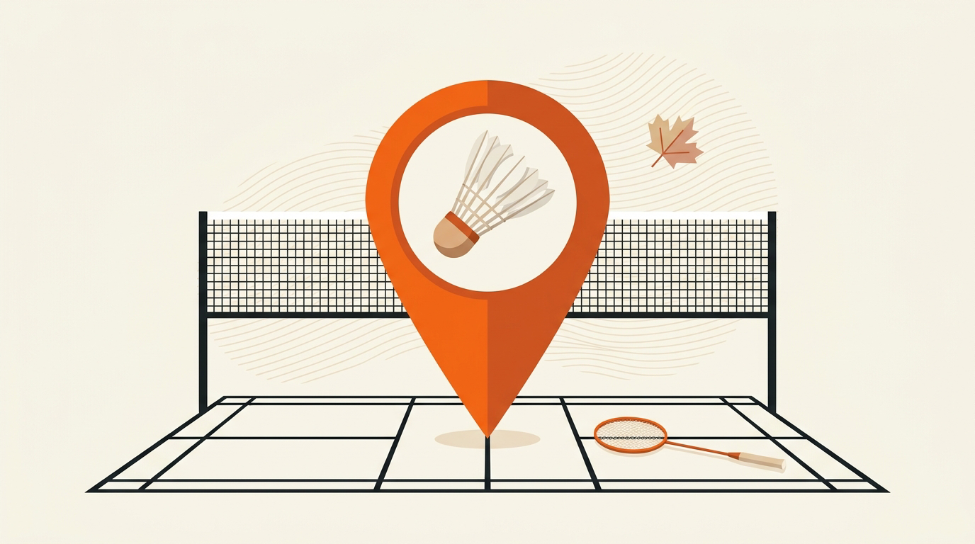Flat-vector illustration of indoor badminton play in Quebec City, in Badminton House's cream and orange editorial style