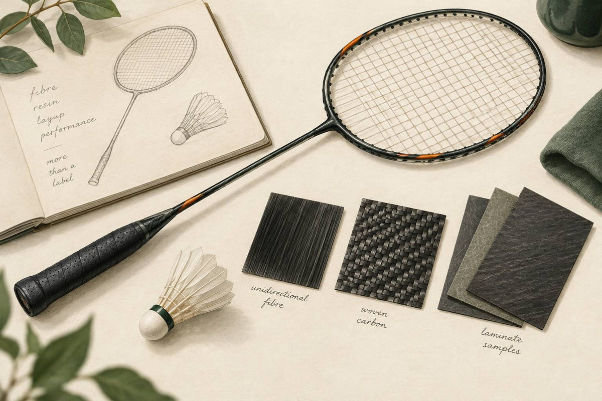 Editorial still life of carbon-fibre samples, laminate sheets and a generic badminton racket.