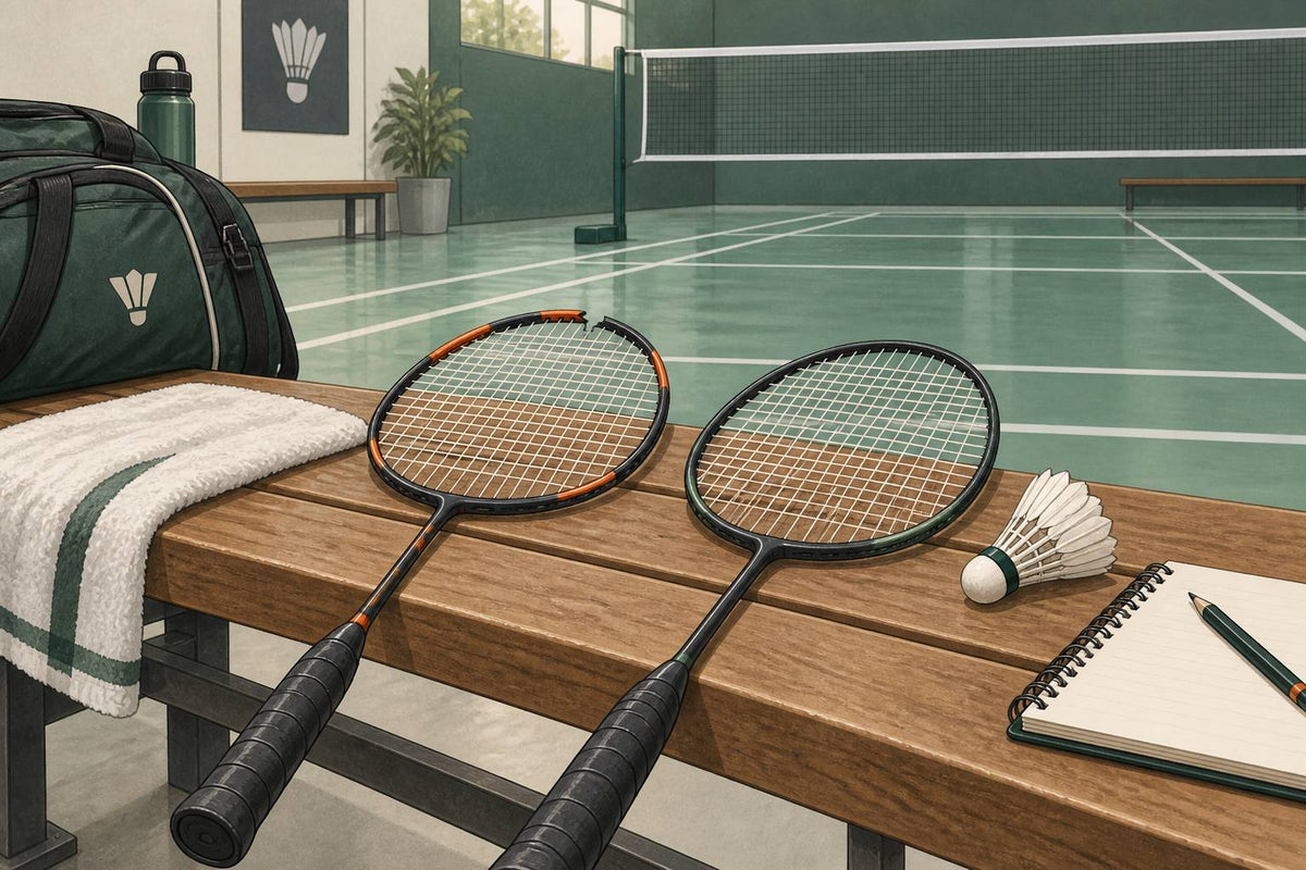 Editorial illustration of two badminton rackets on a bench, one with a visible frame split.