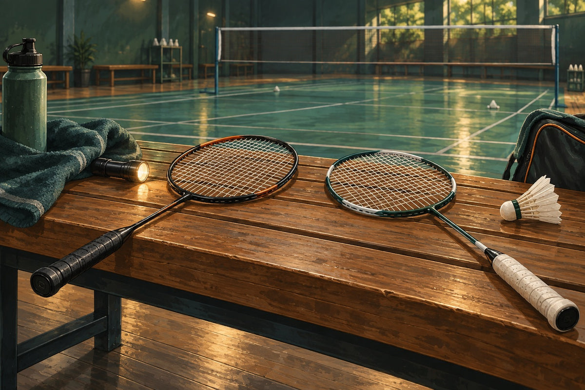 Two rackets set apart for inspection introduce doubles spacing and post-clash equipment checks.
