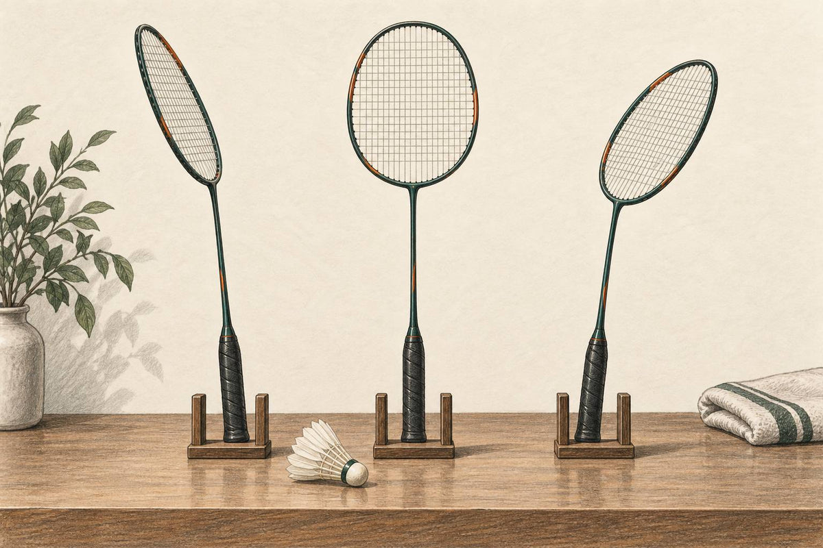 Editorial still life comparing upright, open and closed badminton racket-face orientations.