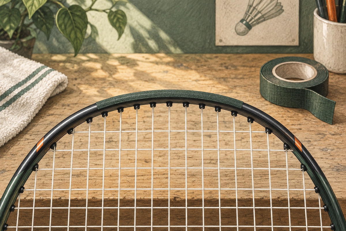 A small protective strip covers a sound racket’s top edge without concealing its string holes