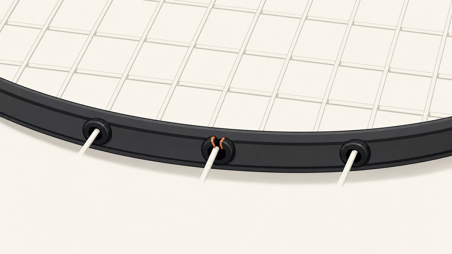 Macro illustration of a badminton frame edge with one split black grommet between two intact grommets.