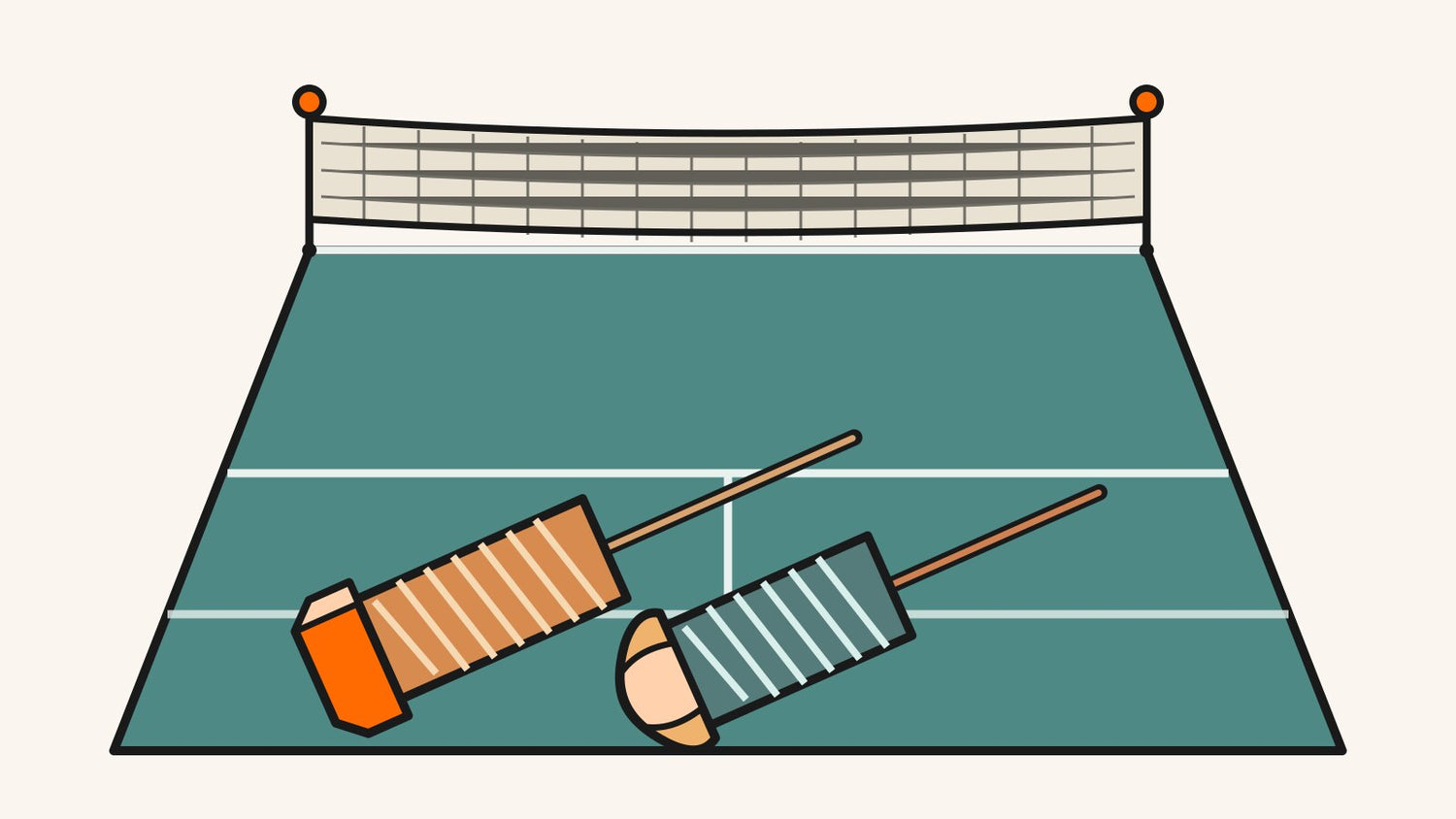 Illustration éditoriale en gros plan de deux extrémités de manches de badminton simplement enveloppées, avec des formes différentes de capuchon inférieur vierge.