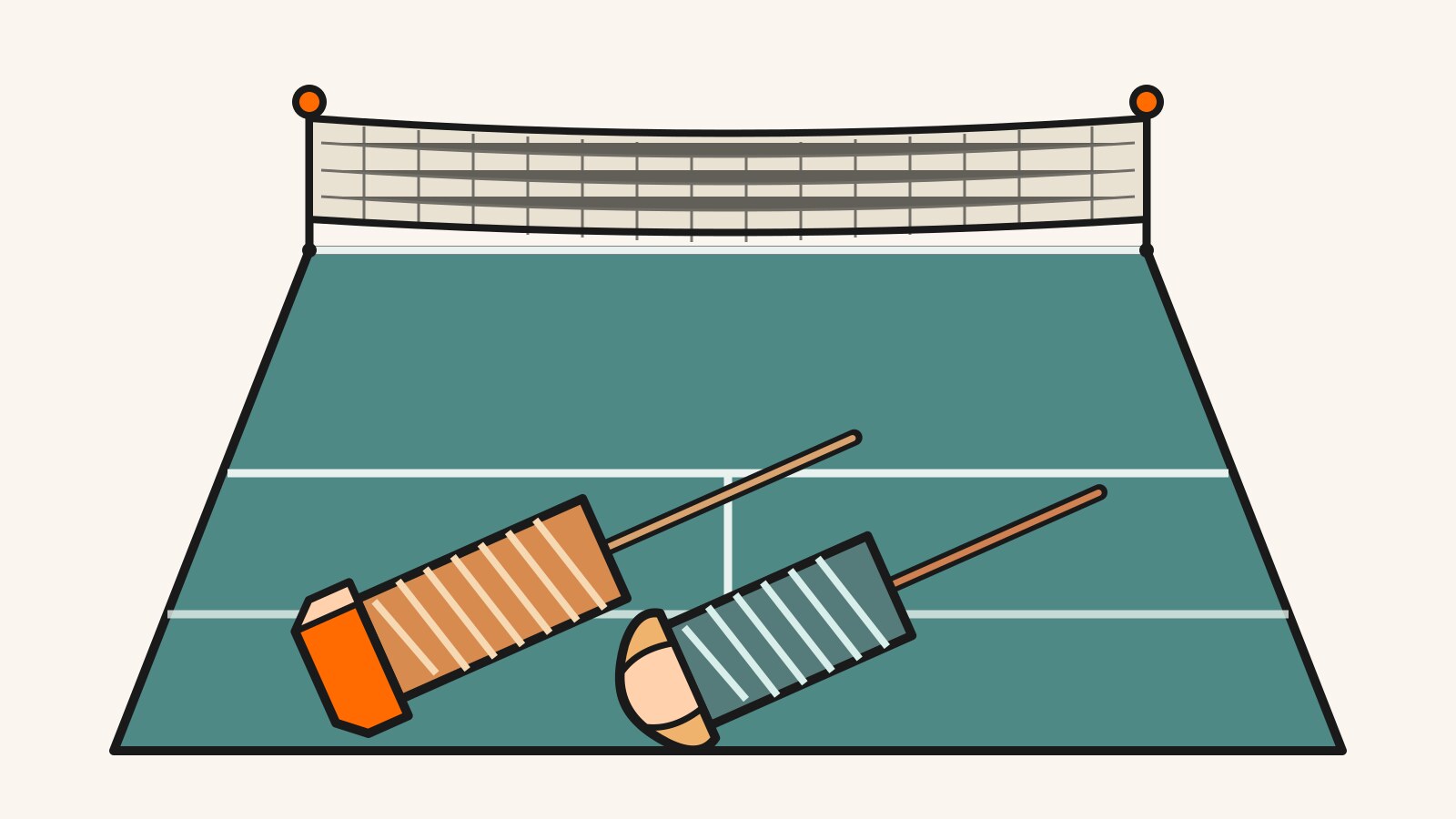 Illustration éditoriale en gros plan de deux extrémités de manches de badminton simplement enveloppées, avec des formes différentes de capuchon inférieur vierge.