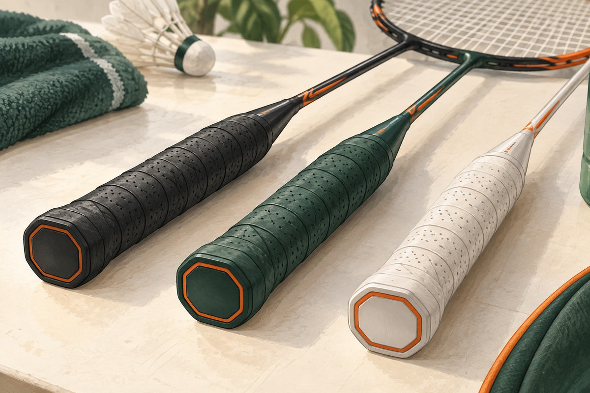 Three racket handles show the grip area available for changing hand position.