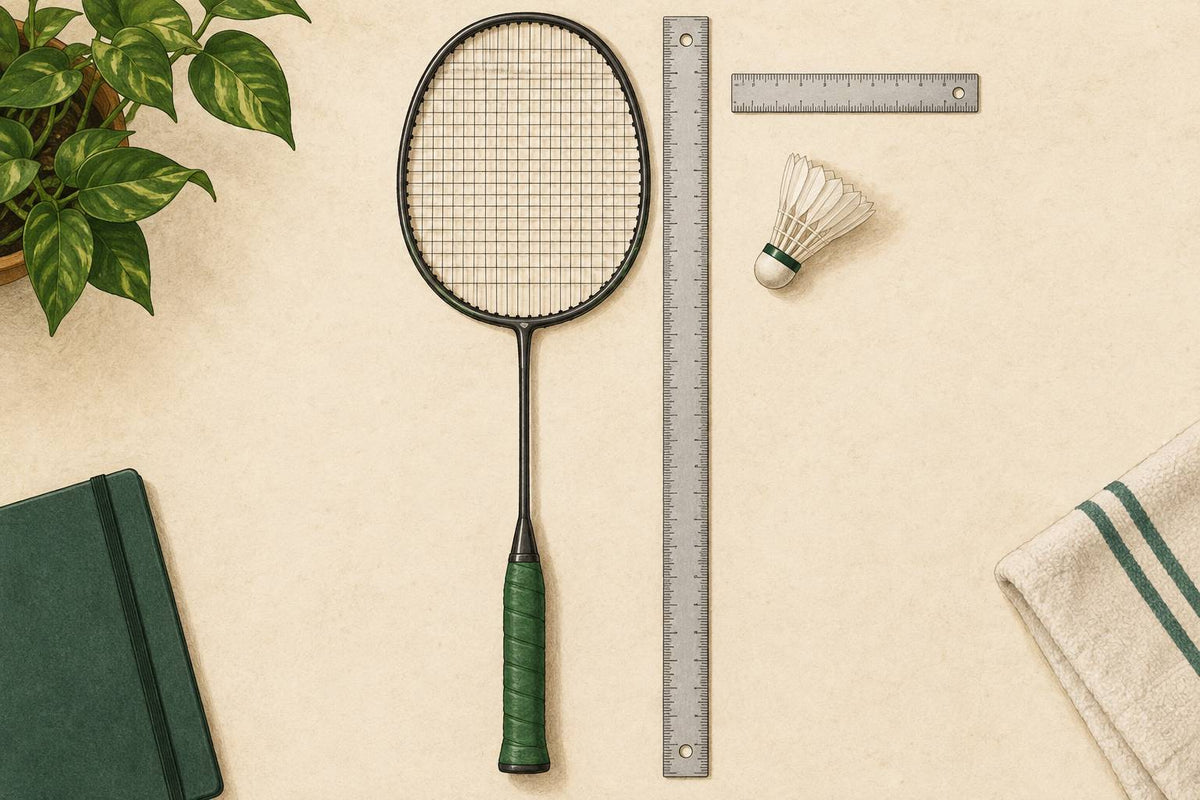 Editorial illustration of a flat badminton racket aligned with length and width rulers.