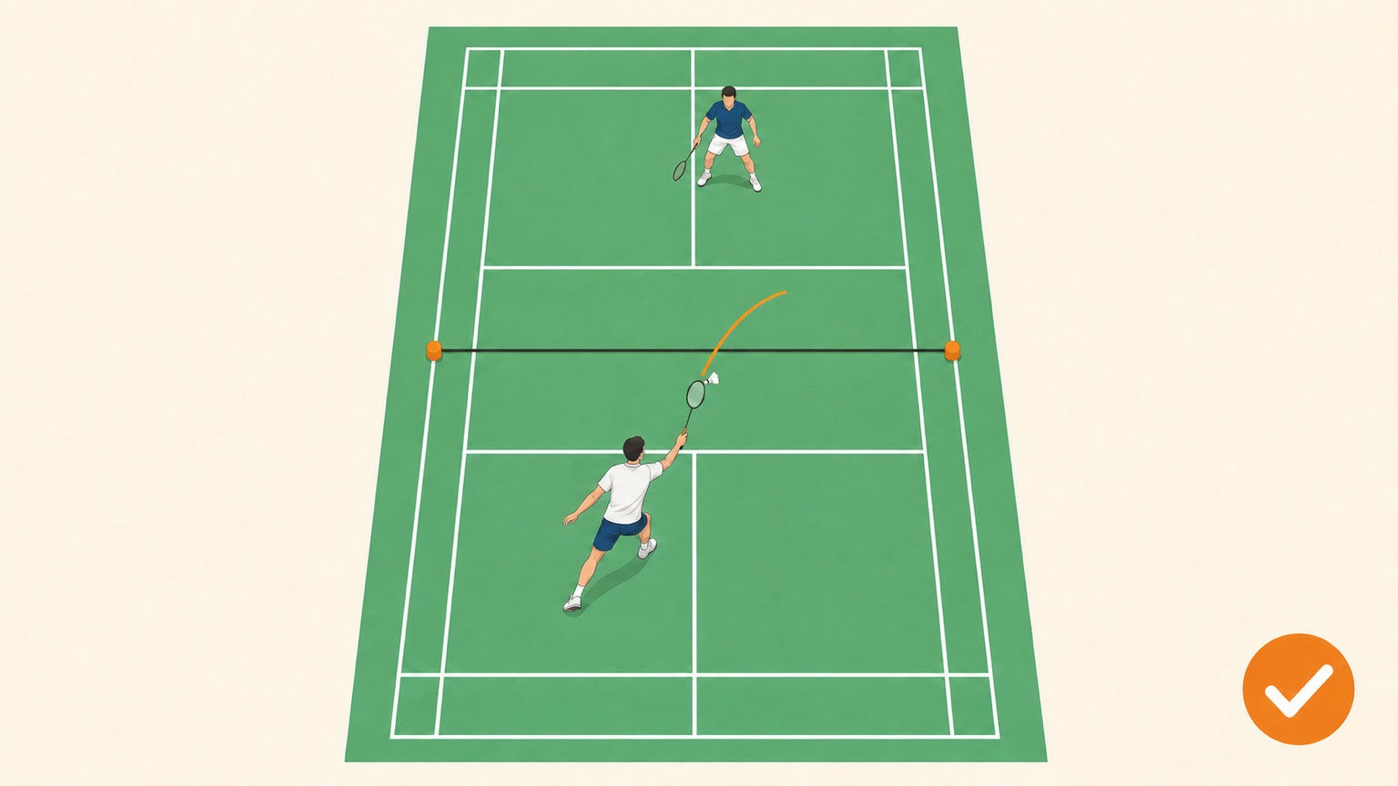 Badminton player legally following through over the net after striking the shuttle on their own side
