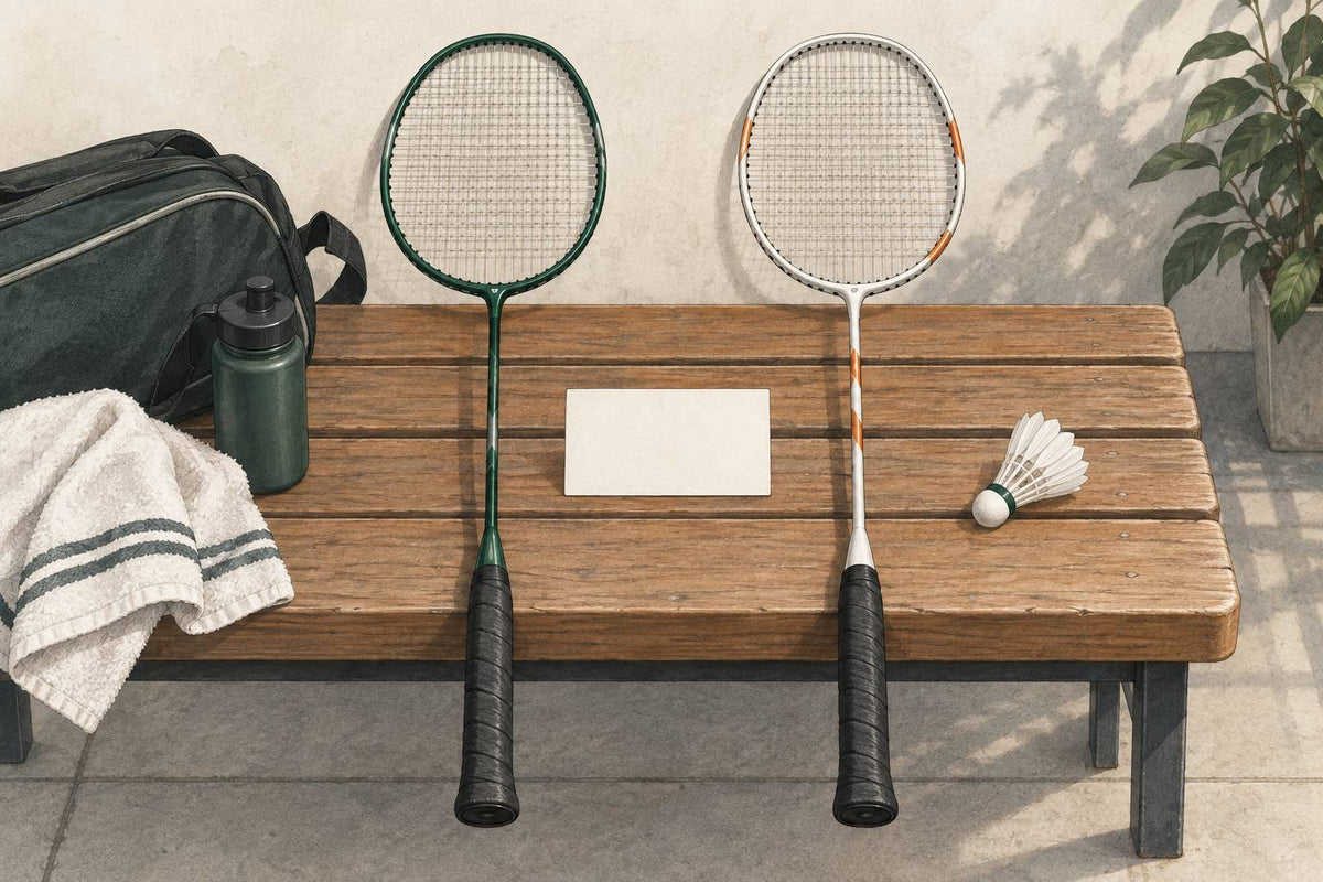 Editorial same-shaped badminton rackets in green and warm white colourways.