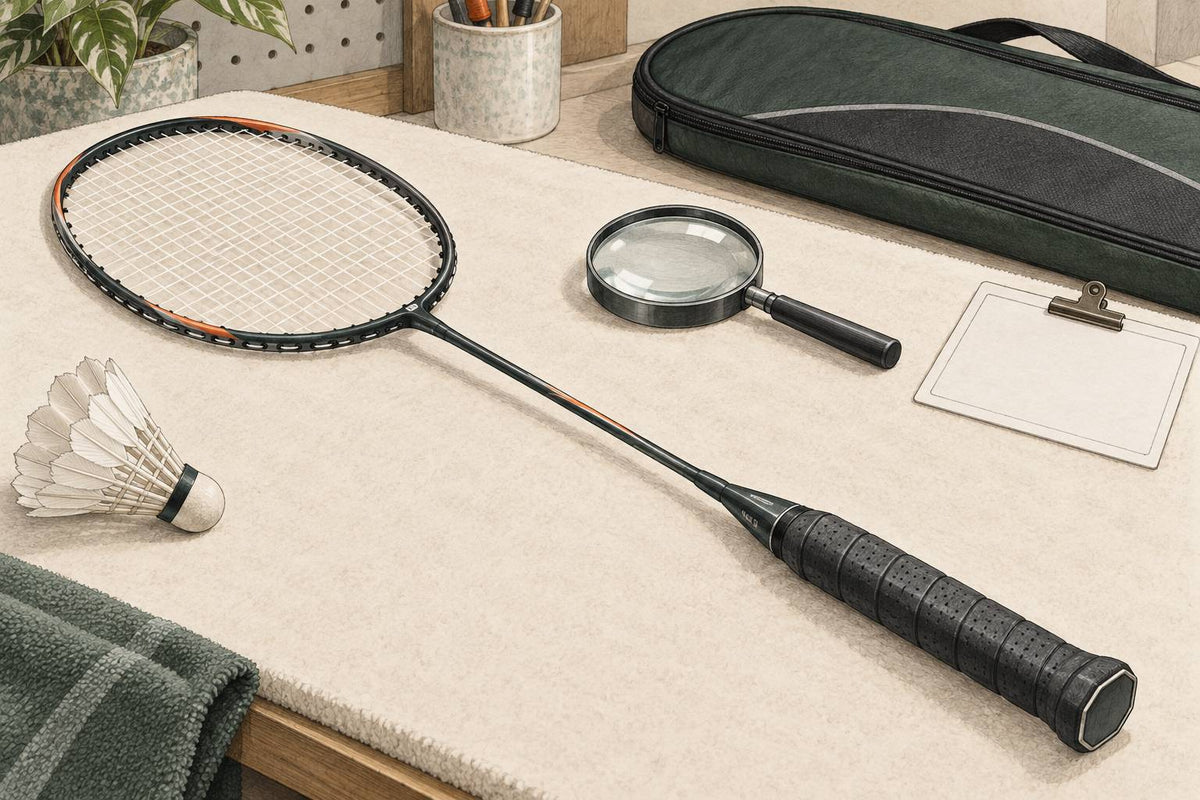 Editorial still life of an intact badminton racket ready for a careful external inspection.