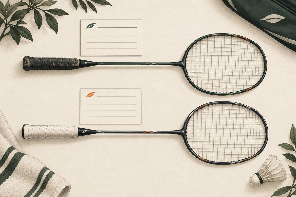 Editorial still life of two badminton rackets with separate specification cards.