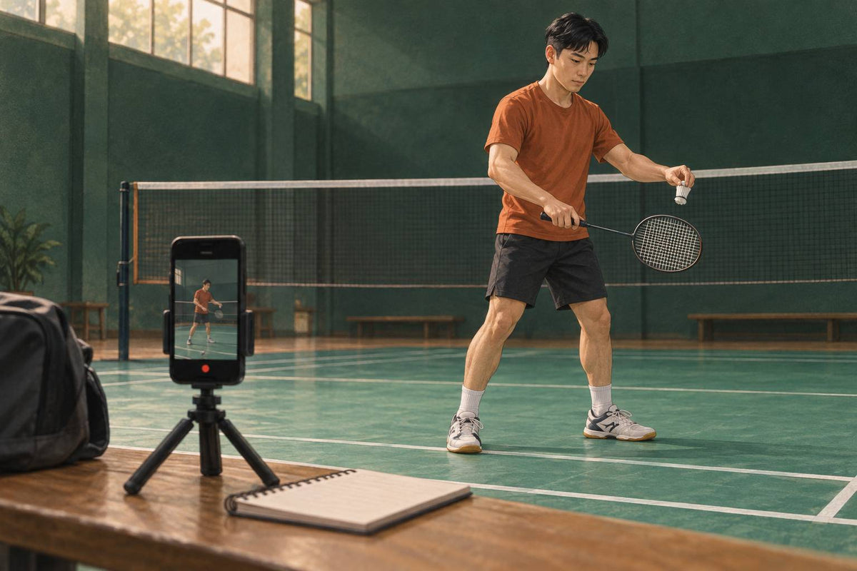 A fixed recording position and a single racket-and-shuttle setup support a repeatable sound comparison.