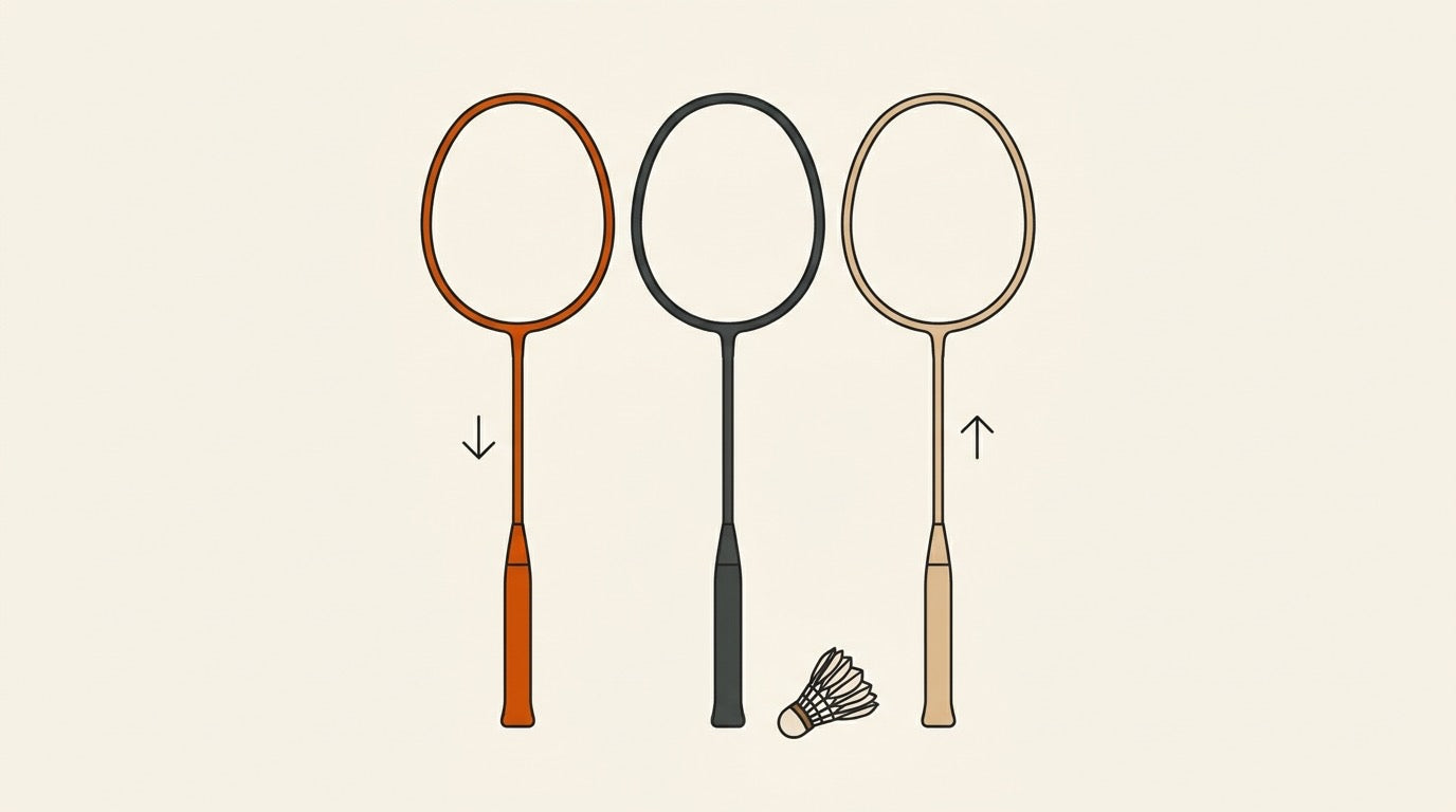 3U, 4U, and 5U badminton rackets arranged with a shuttlecock on an indoor court.