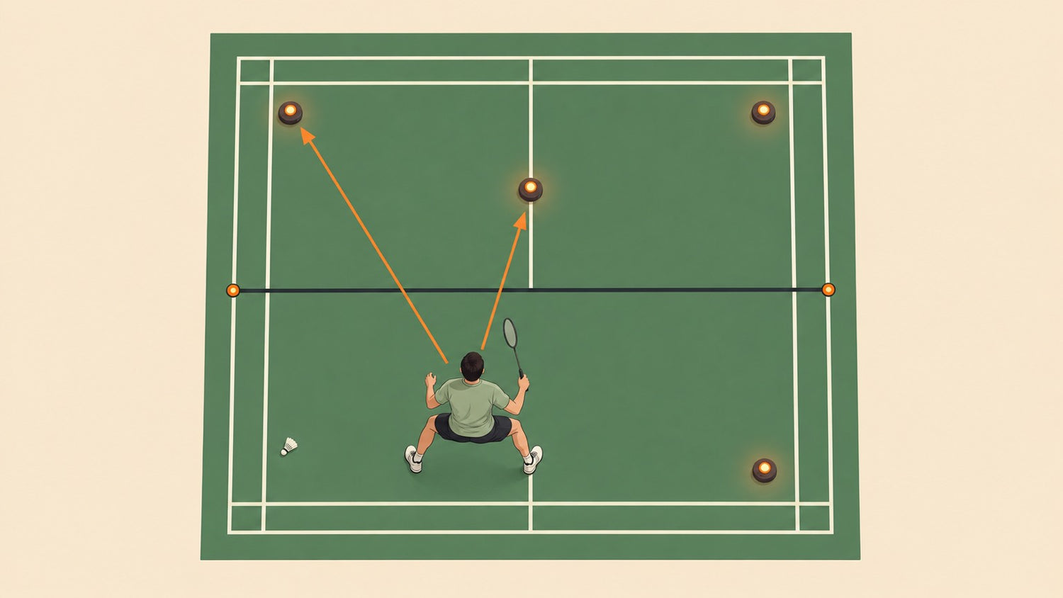 Badminton player training footwork with glowing reaction light pods on a badminton court