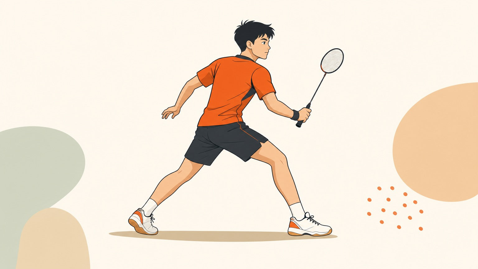 One badminton player in a balanced sideways travel stance emphasizing foot placement and body orientation