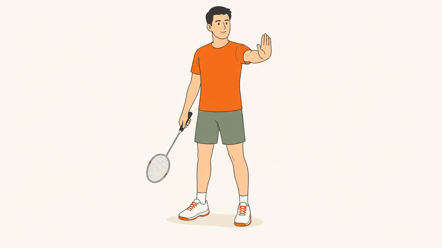 Adult badminton receiver holding a lowered racket and raising an open palm to pause play