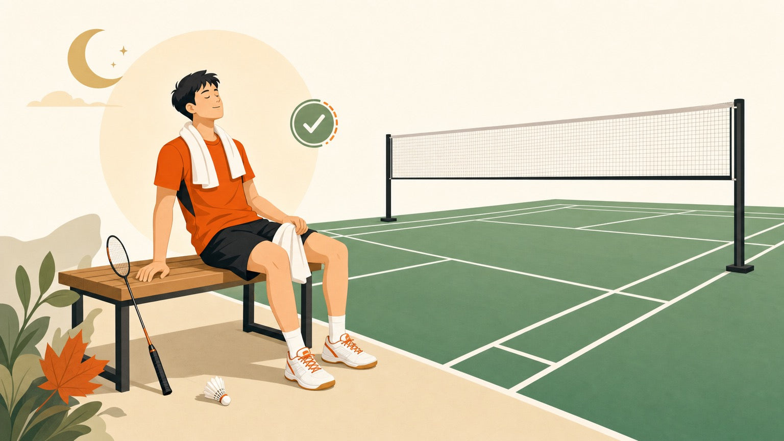 Badminton player resting courtside beside a racket and shuttlecock to represent recovery, sleep, and rest days