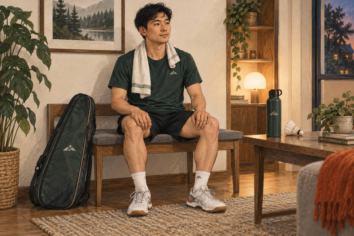 Joueur adulte de badminton au repos à côté d’un sac de raquette.