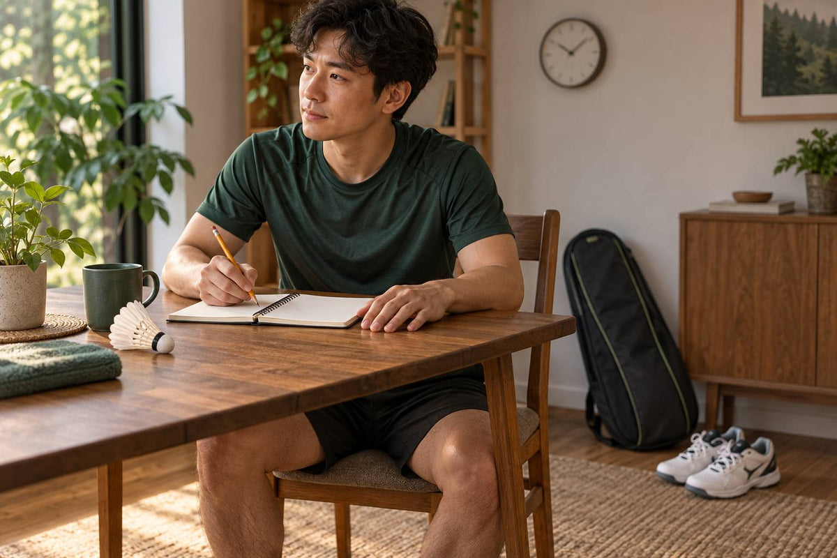 A player reviews a session notebook while considering the next day’s badminton plan.