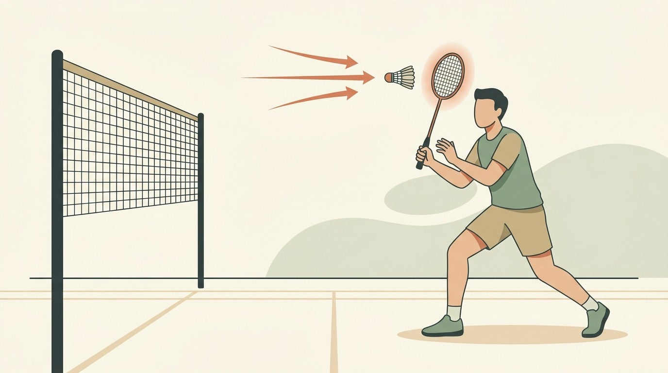 Illustration of a badminton player training fast hand reactions at the net with reaction ball drill elements nearby