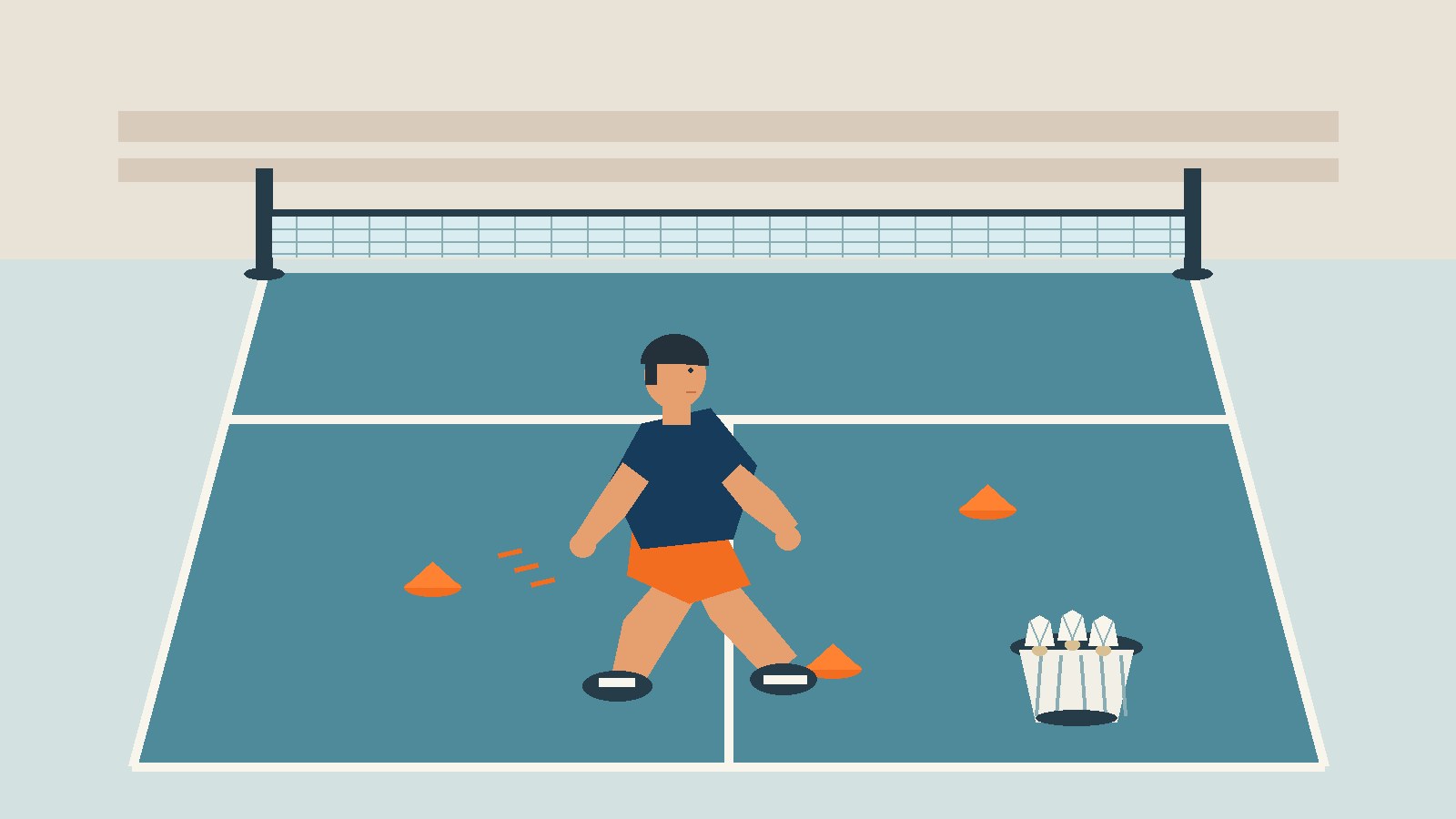 Illustration vectorielle éditoriale plane d’une personne qui joue au badminton et revient vers sa base entre des repères d’entraînement, près d’un panier de volants sur une demi-surface intérieure