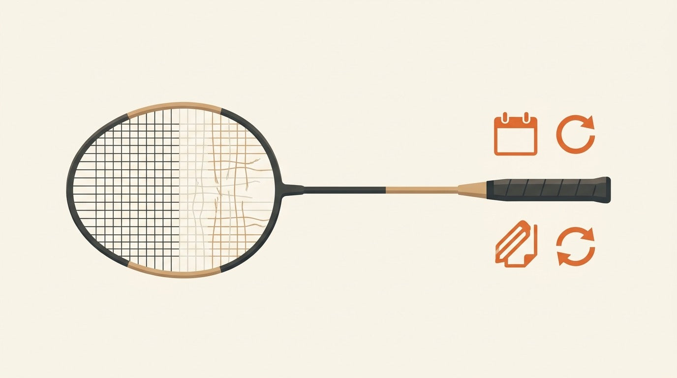 Illustration of a badminton racket with half its string bed worn and fraying, beside calendar and renewal icons suggesting a restringing schedule.