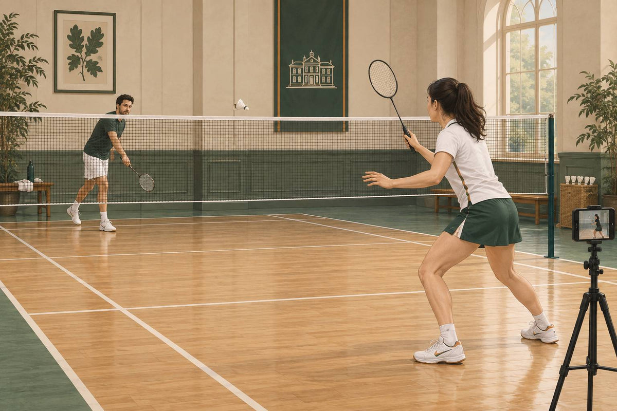 A receiver approaches a low serve with compact preparation while a phone records the cues visible before contact.