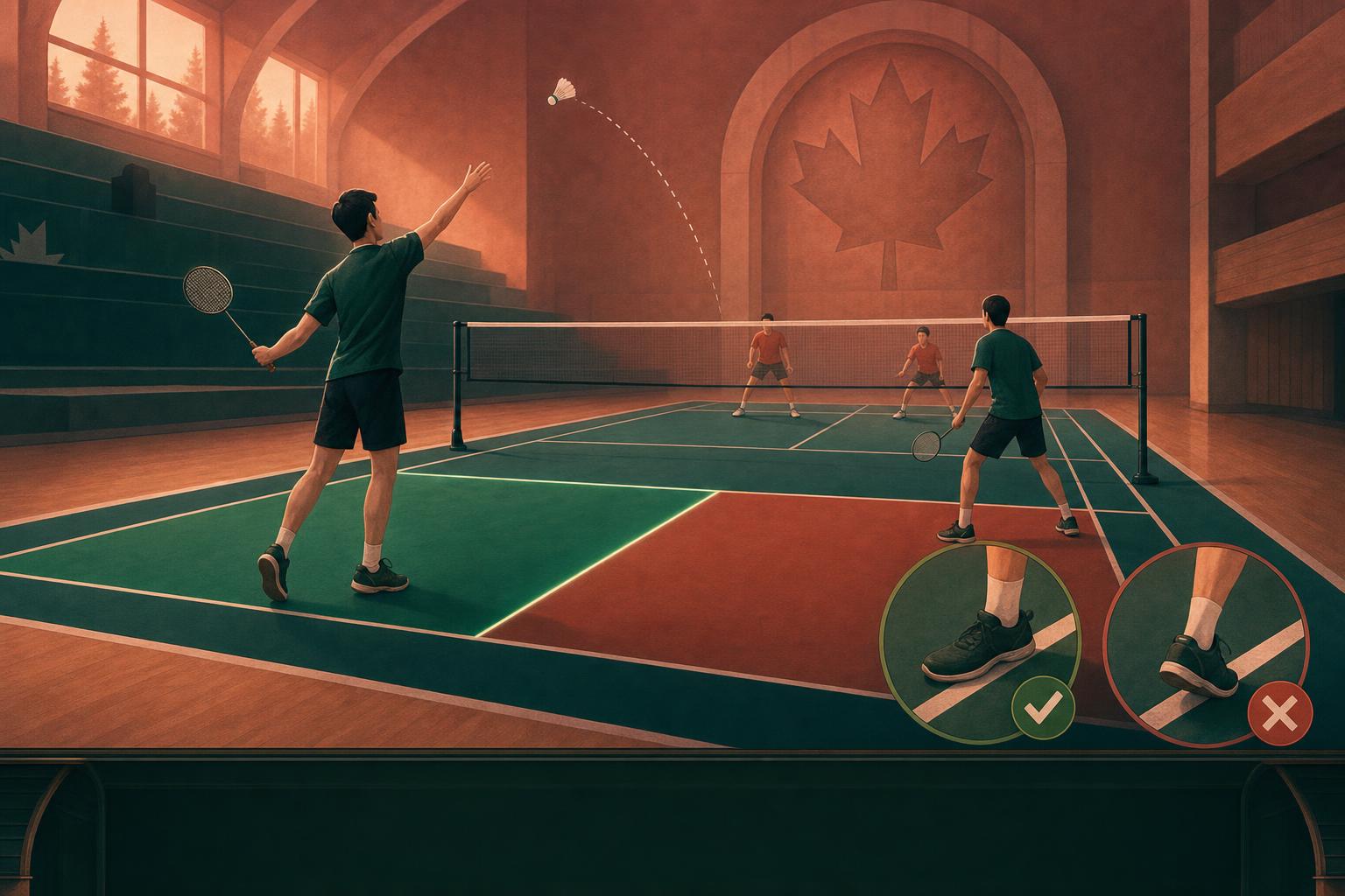 Illustration of badminton players learning correct diagonal service courts and service faults on an indoor court