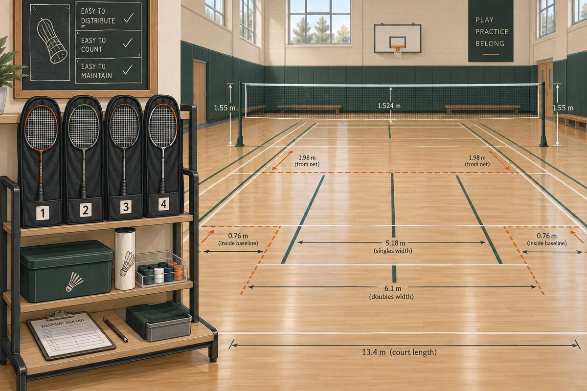 Editorial organized badminton school-equipment corner.
