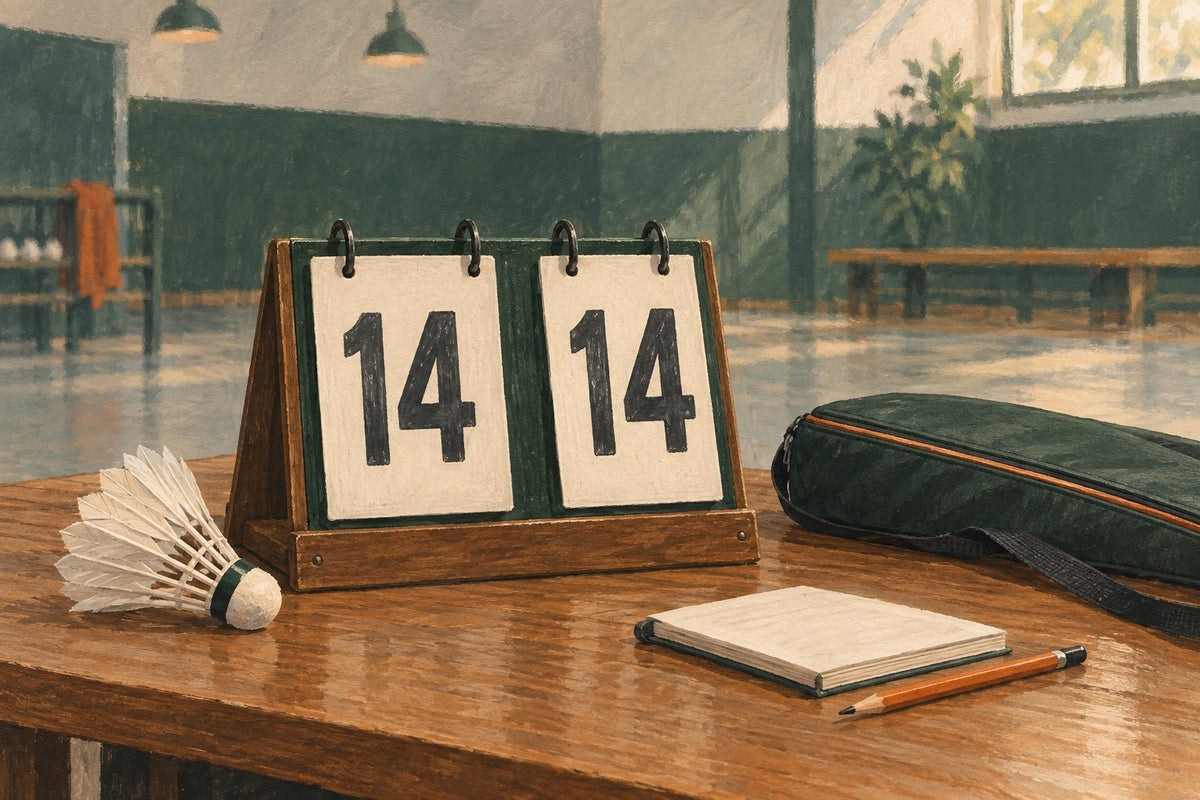 Illustration of a badminton scoreboard at 14–14 beside a shuttlecock and notebook.
