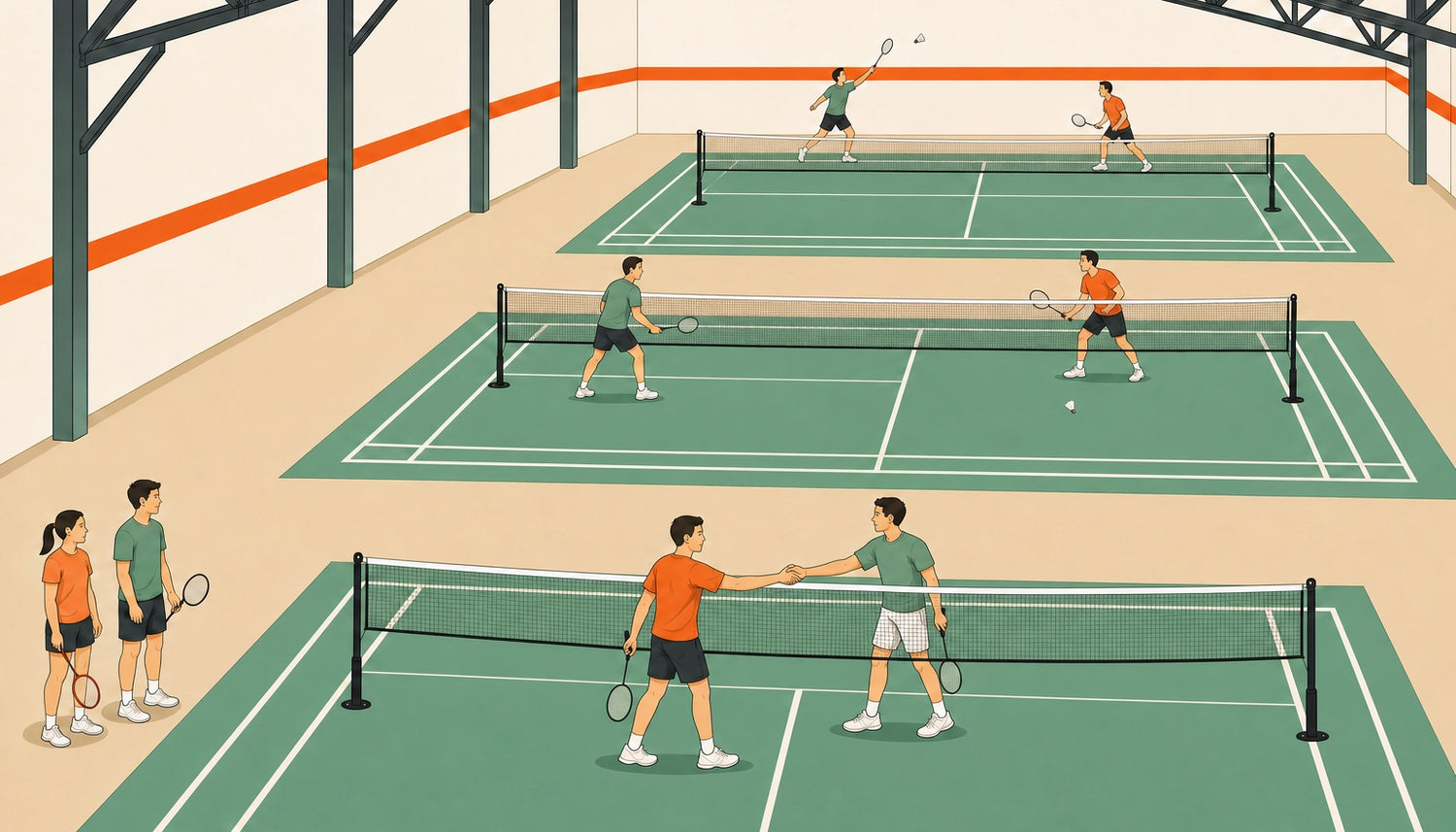 Vue en hauteur de trois terrains intérieurs de badminton dans une salle : deux joueurs se serrent la main au-dessus du filet du terrain avant terminé; une nouvelle paire attend sur la ligne de côté et des matchs continuent sur les deux terrains derrière.