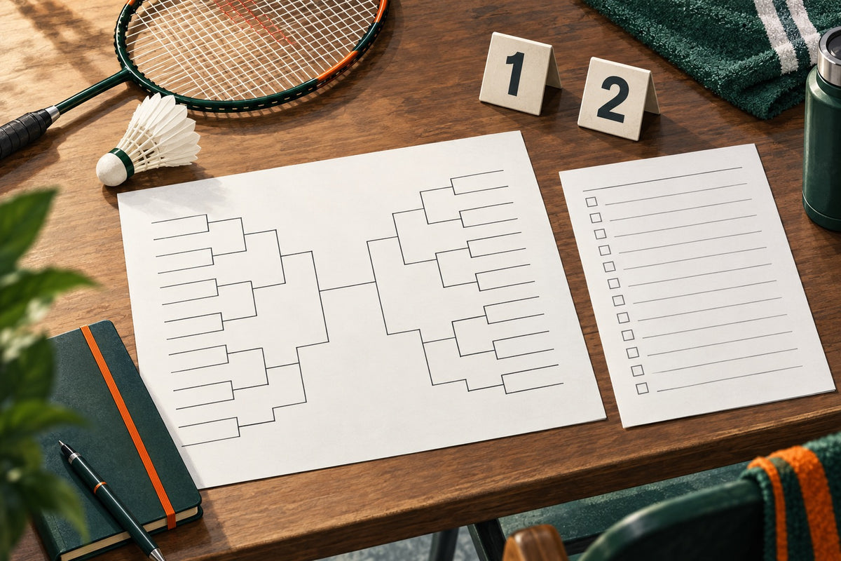 Editorial illustration of a badminton tournament entry sheet and blank draw bracket.
