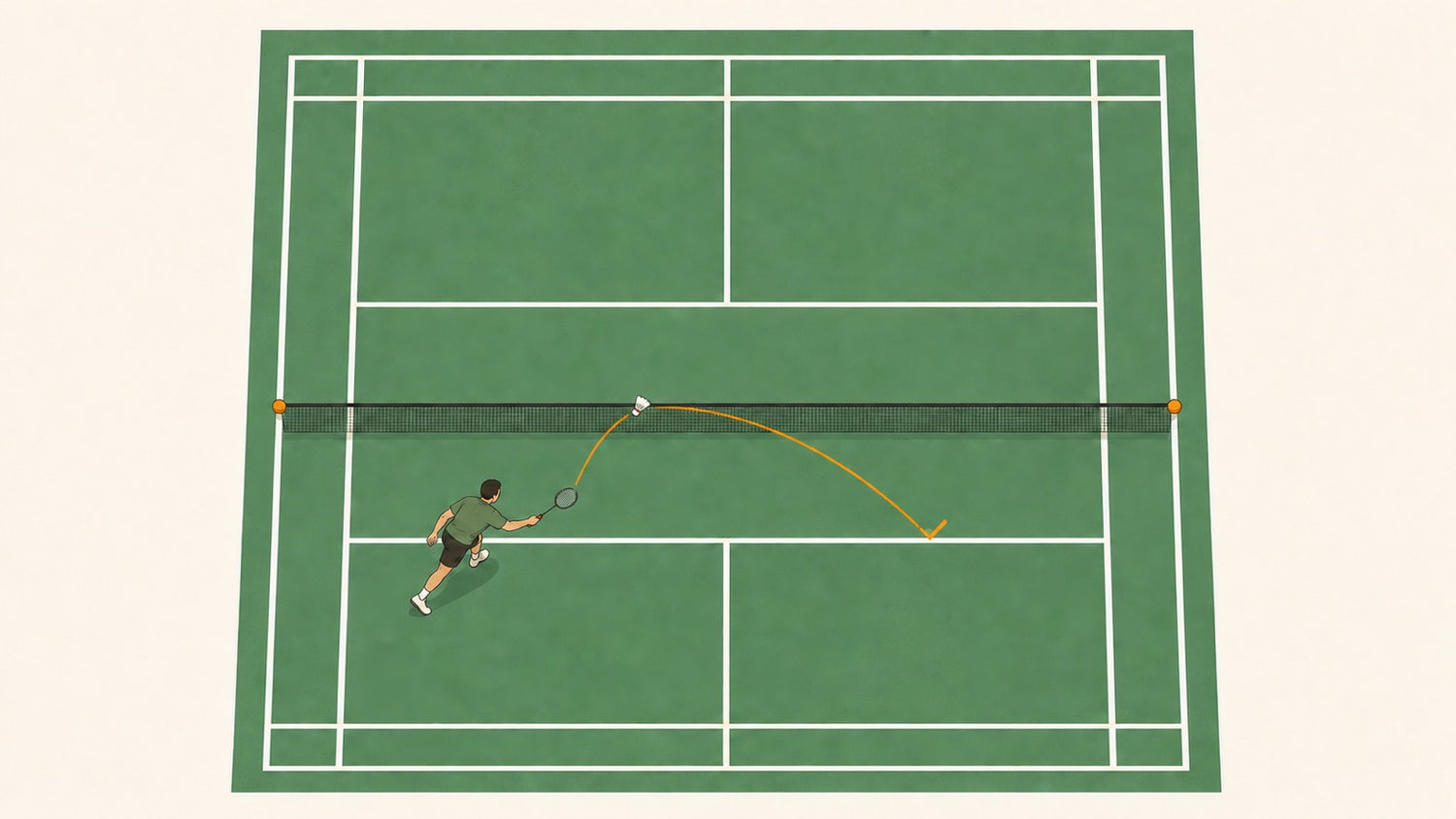 Flat vector illustration of a badminton serve clipping the net and crossing into the correct service court